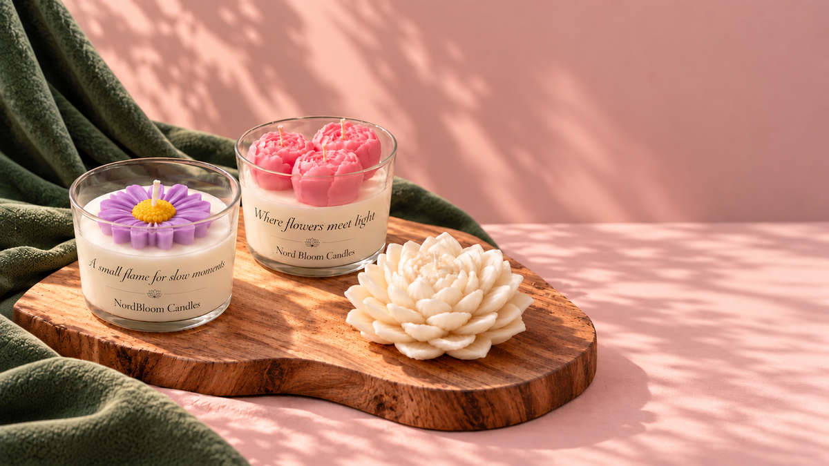 NordBloom floral candles on a wooden board with green fabric and blush background